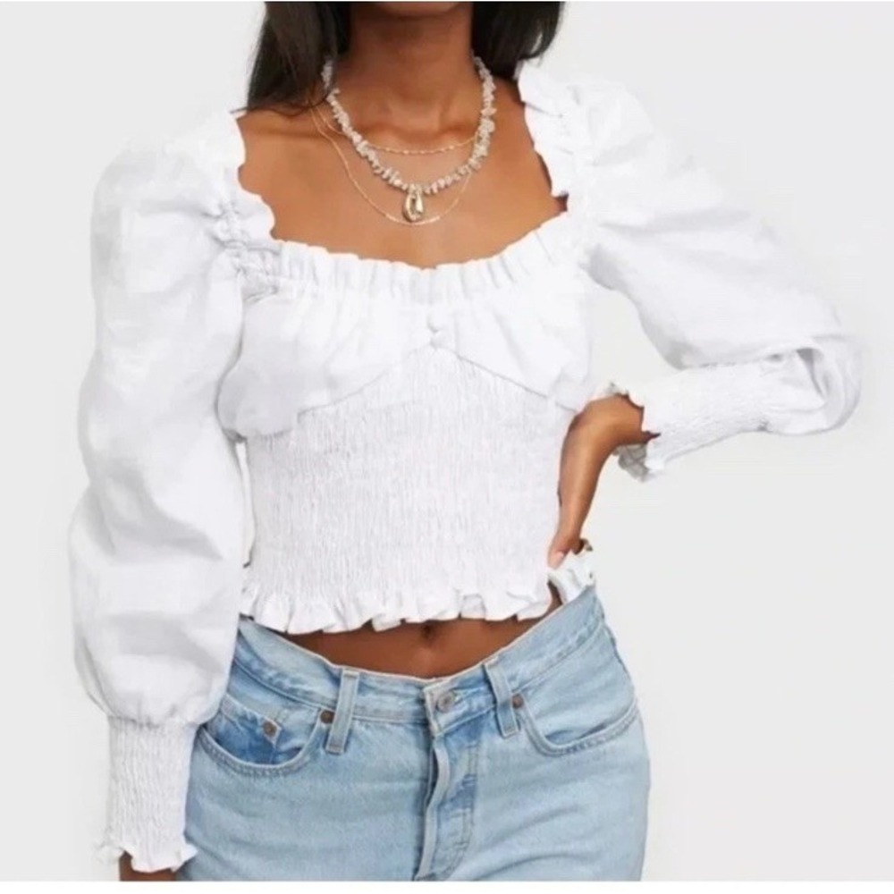 FAITHFULL THE BRAND Size 8 Bel Rose Top Linen White Smocked Ruffle Button